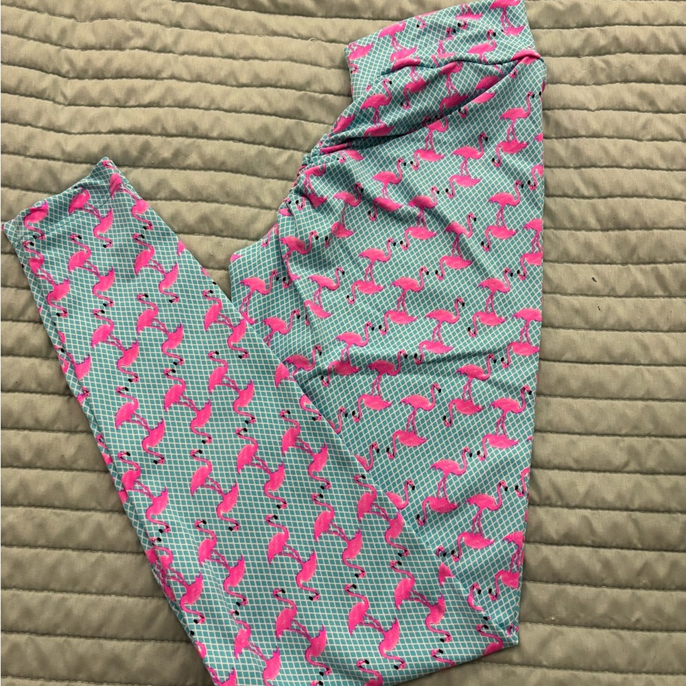 Pink flamingo and blue scrunch butt gym legging S